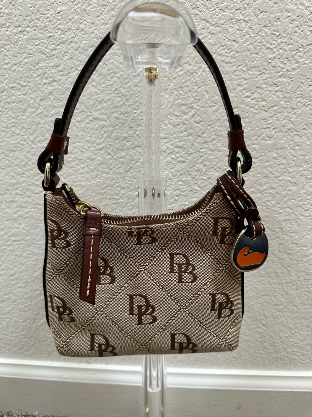 Dooney & Bourke Brown Logo Jacquard Mini Bitsy Hobo Bag with Tan Trim